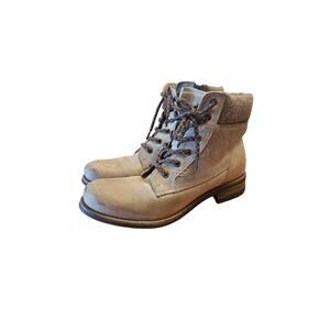 Taos gray and brown Cutie Combat Leather Ankle Boots Wool Collar Size 40 US 8.5